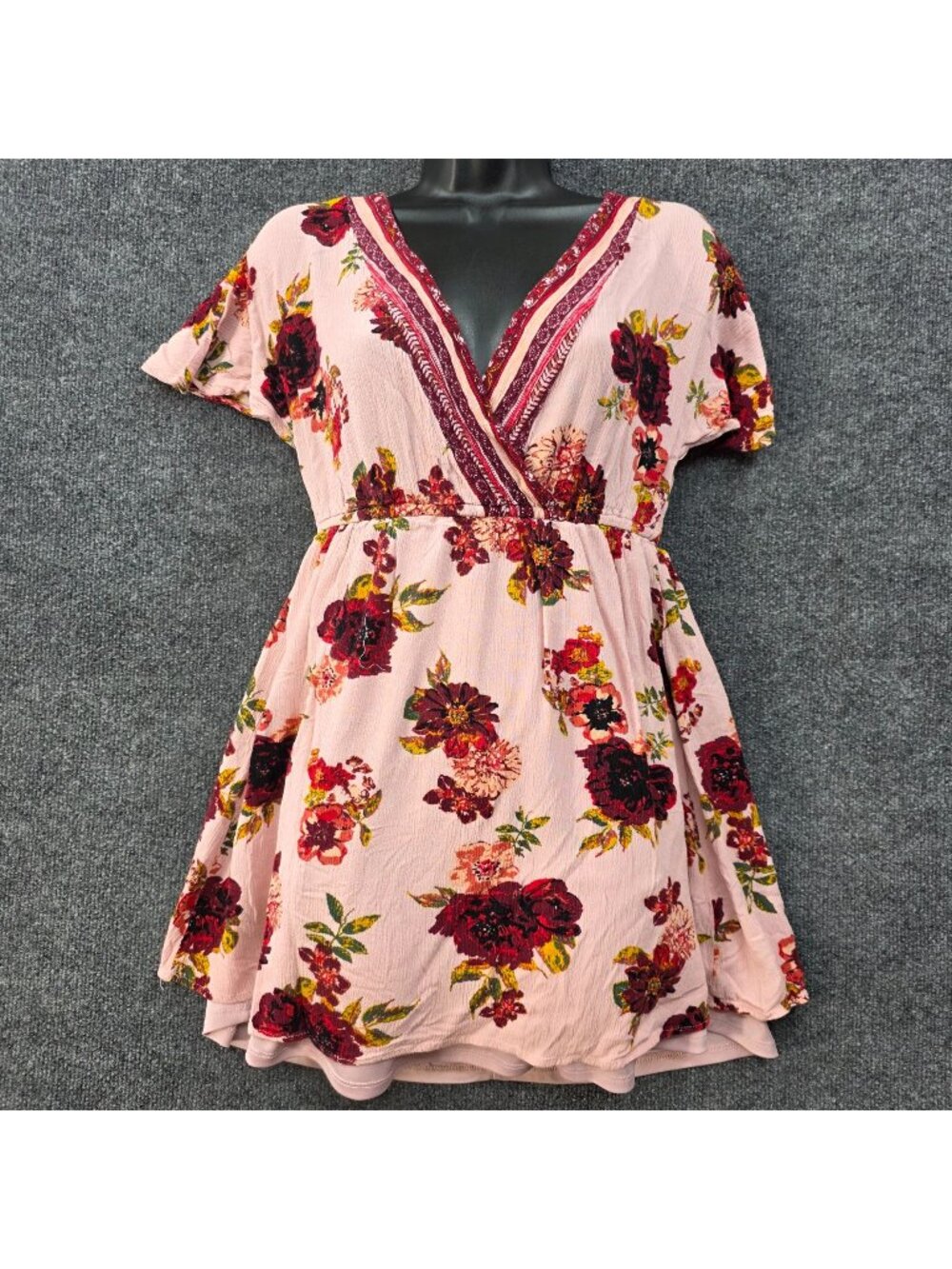 Eyeshadow Floral Surplice Mini Dress Sz S Pink Rayon Boho Romantic Cottage Fairy